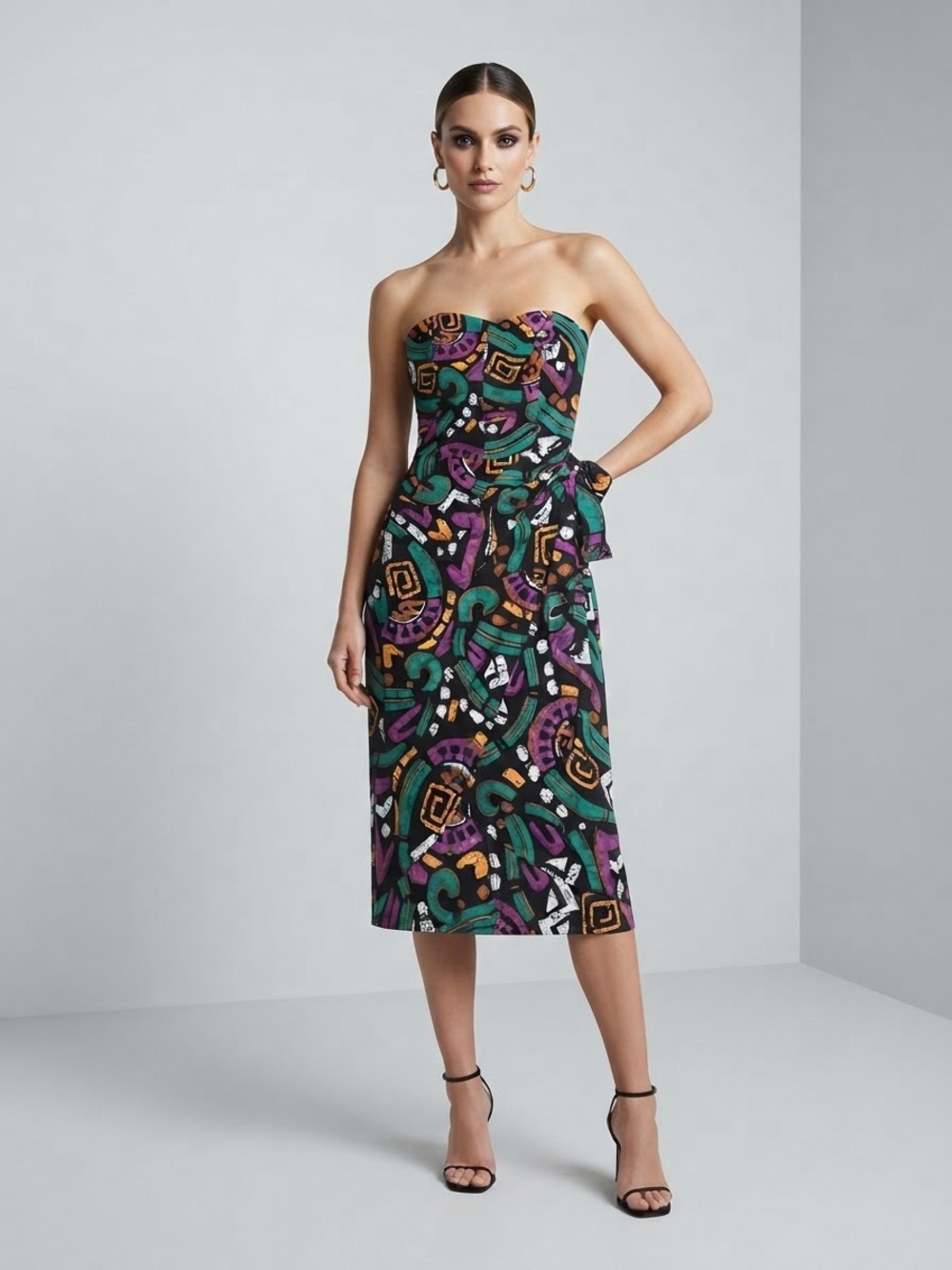 Strapless Abstract Print Midi Dress in Black, Green & Purple